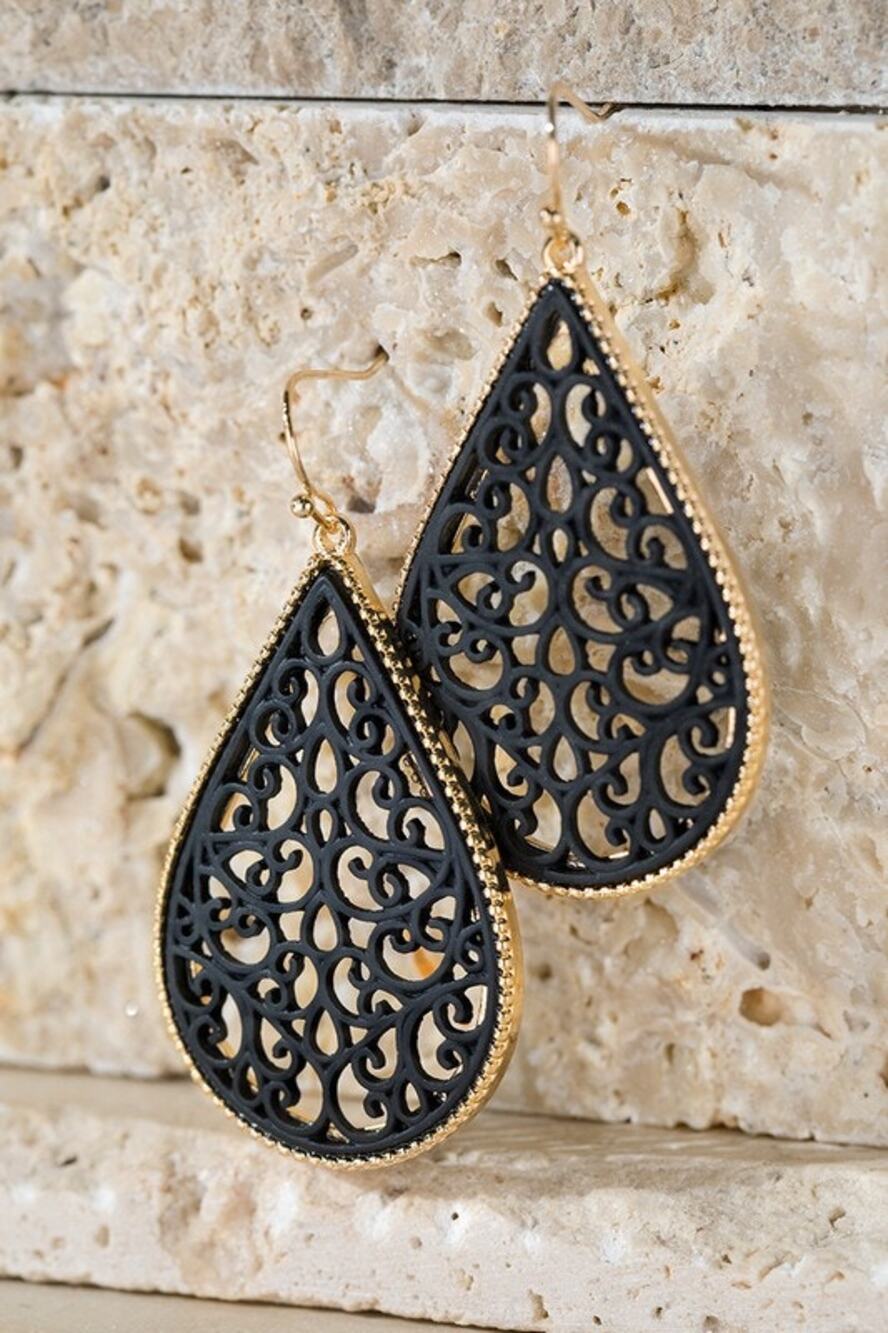 New Boutique Two Tone Metallic Black Gold Filigree Teardrop Dangle Earrings